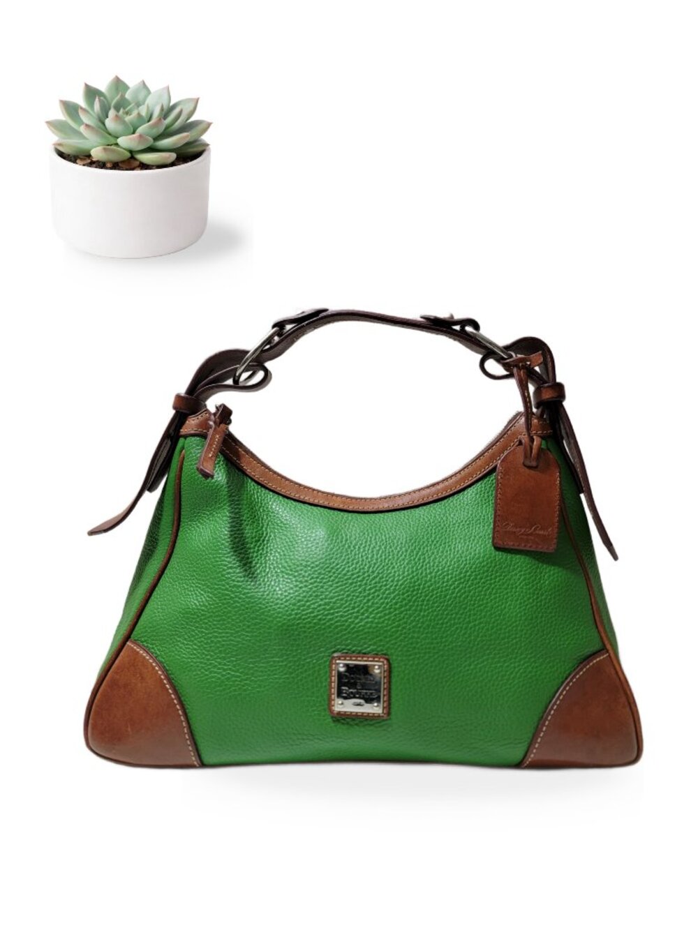 Dooney & Bourke Kelly Green Pebbled Leather Hobo Bag Tan Leather Trim Purse